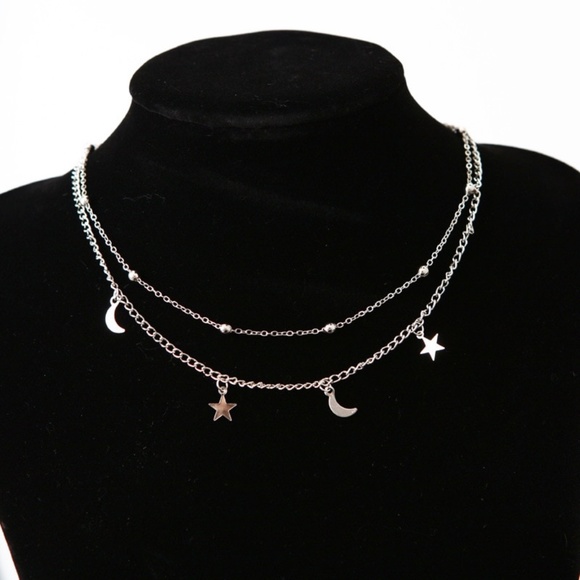 2 Layer Star and Moon Necklace Silver - Picture 5 of 8